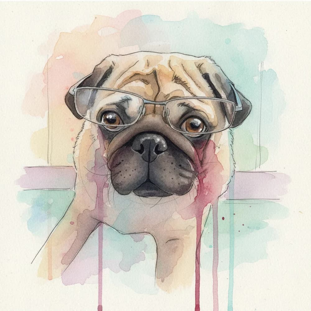 Actual Watercolour result: Duke’s fawn face, dark muzzle and reading glasses painted in soft pastel washes.