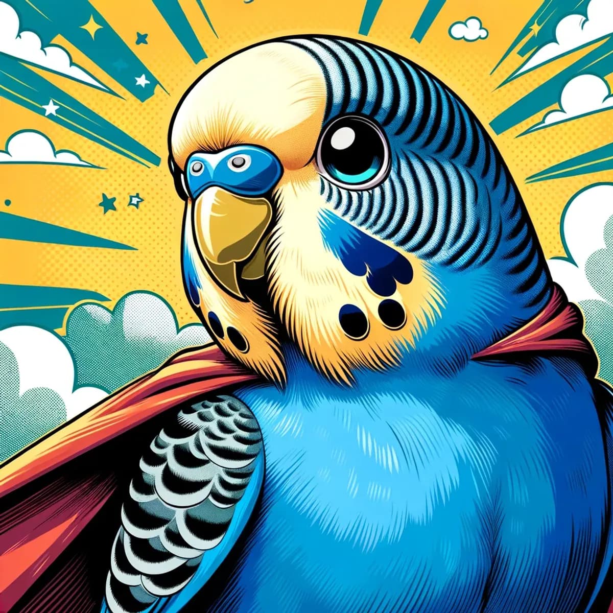 A blue budgie drawn as a comic-book hero in a red cape against a sunburst.
