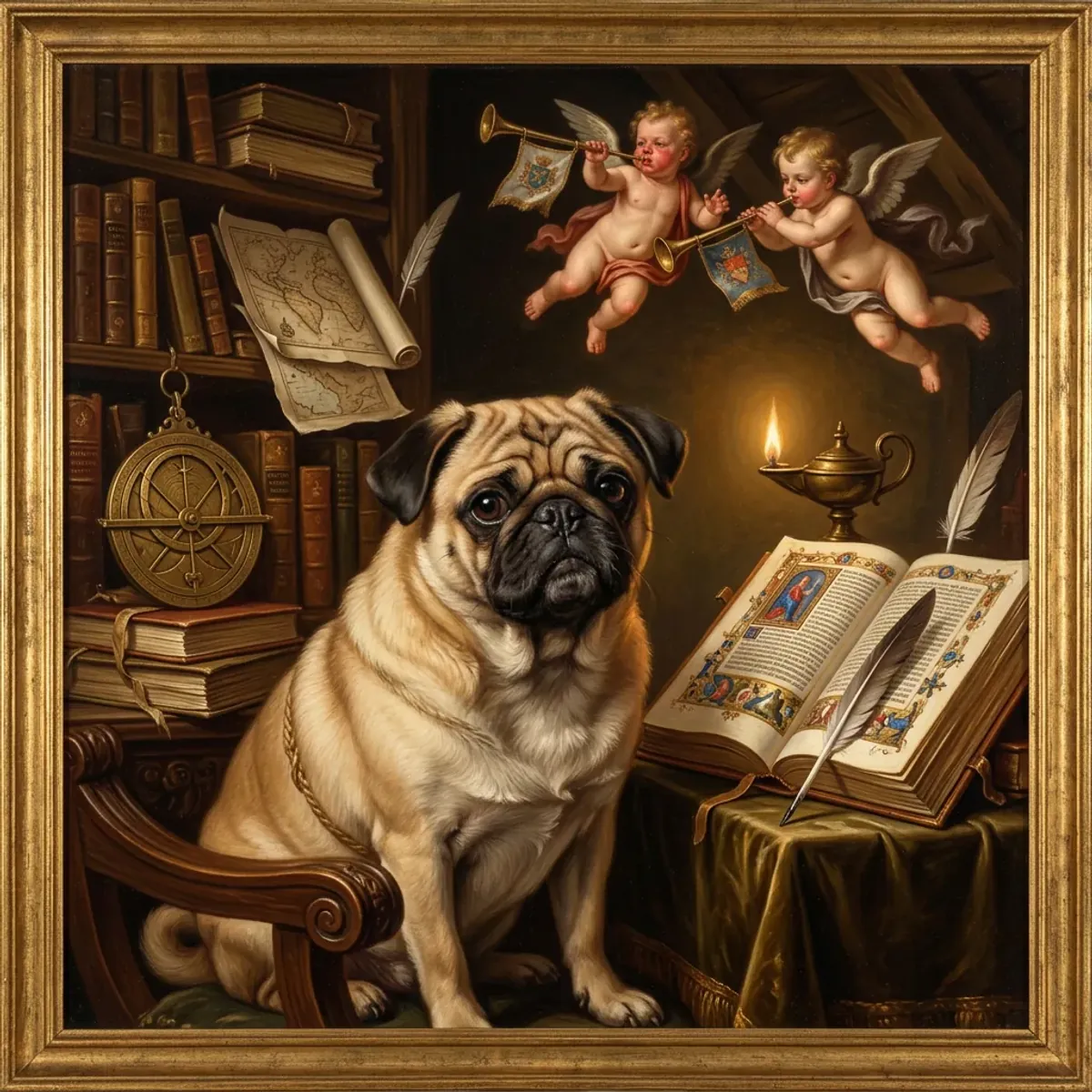 A pug painted as a Renaissance scholar, with cherubs blowing trumpets overhead.