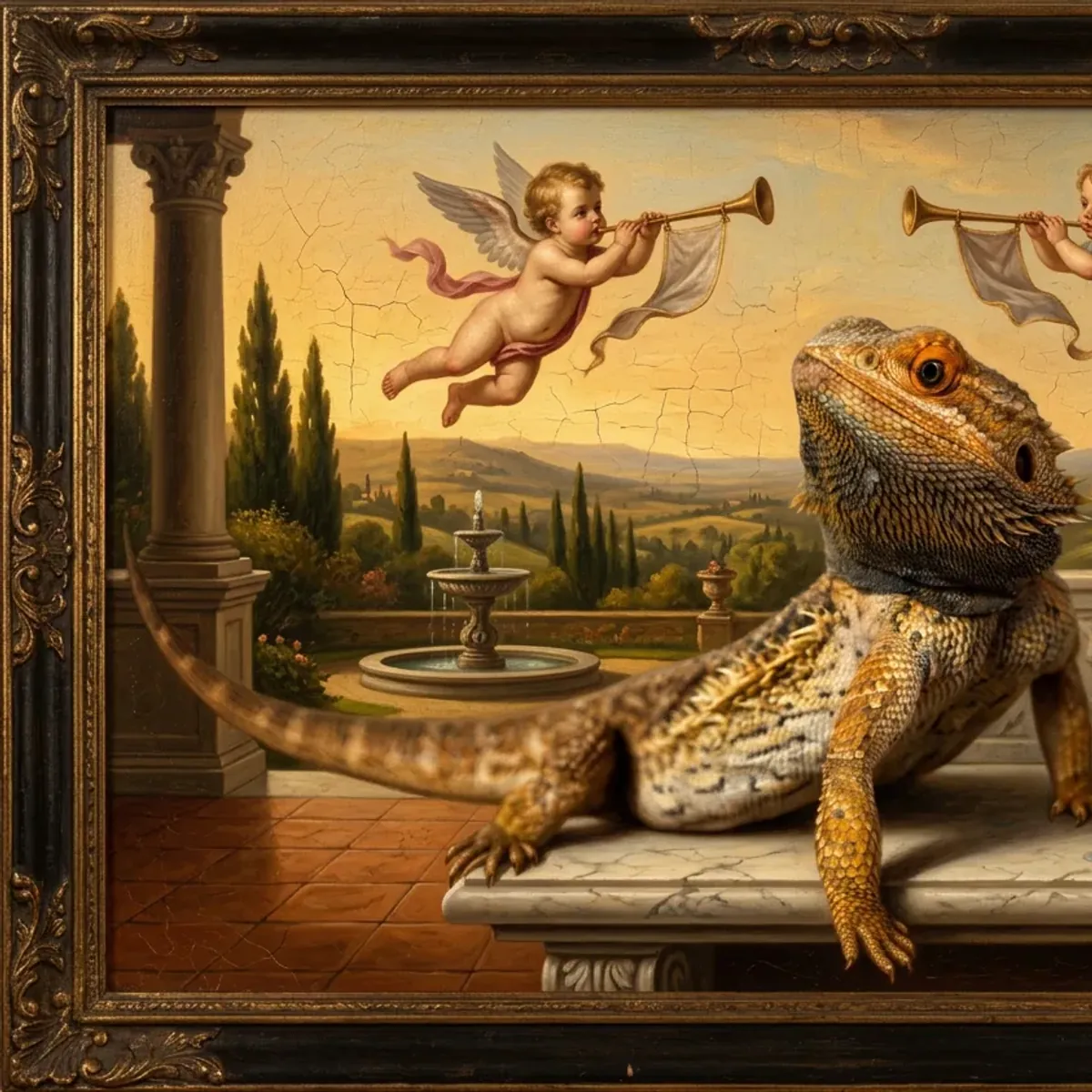 A bearded dragon reclining on a marble bench in a Renaissance painting, with a single red rose.