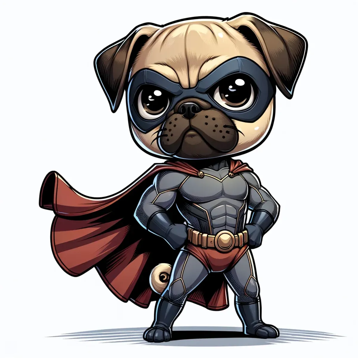 A cartoon pug in a superhero mask and cape, hands on hips.