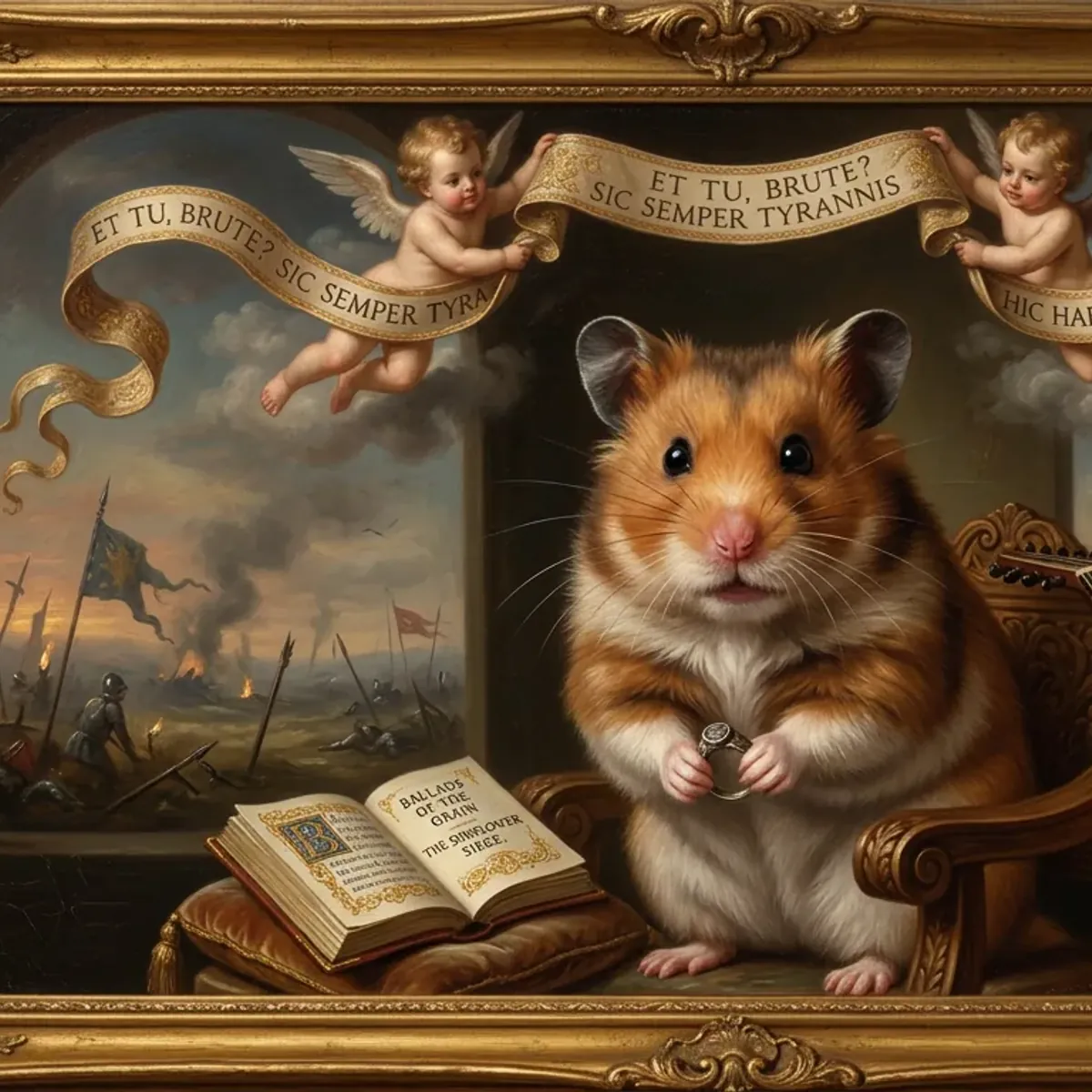 A hamster in a Renaissance study holding a coin, surrounded by books and cherubs.