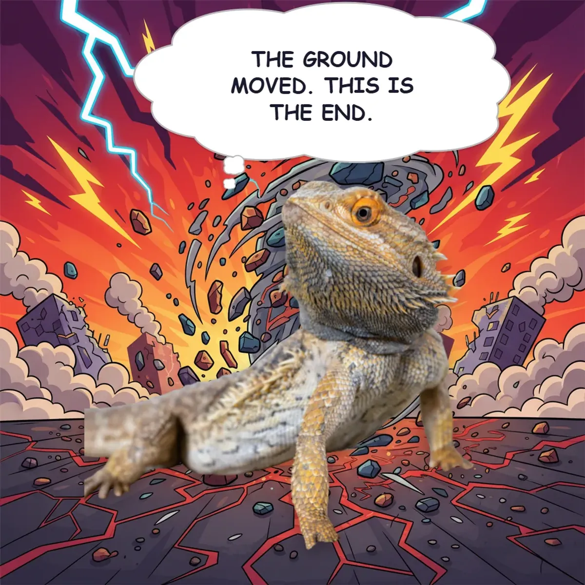 A bearded dragon in front of an exploding city, thinking: The ground moved. This is the end.