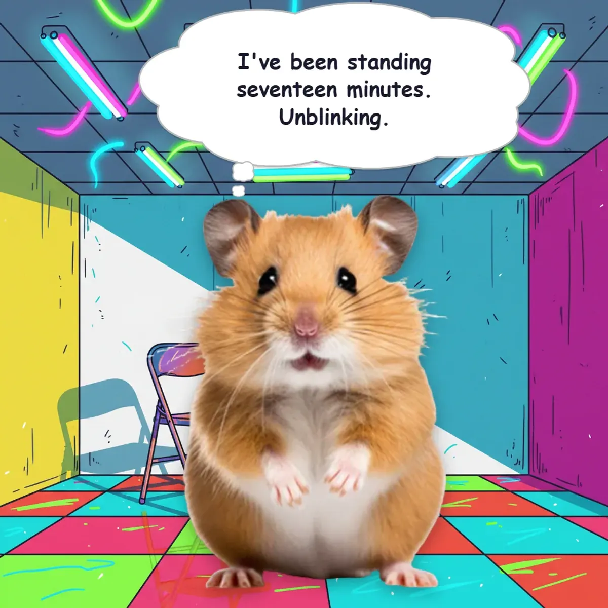 A hamster standing very still in a brightly painted room, thinking: I’ve been standing seventeen minutes. Unblinking.