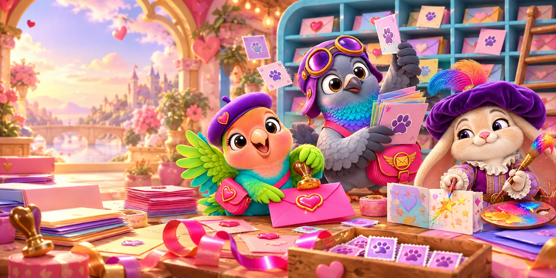 A lovebird, a pigeon in flying goggles and a rabbit artist making handmade cards and envelopes at a busy desk covered in stamps and ribbon.