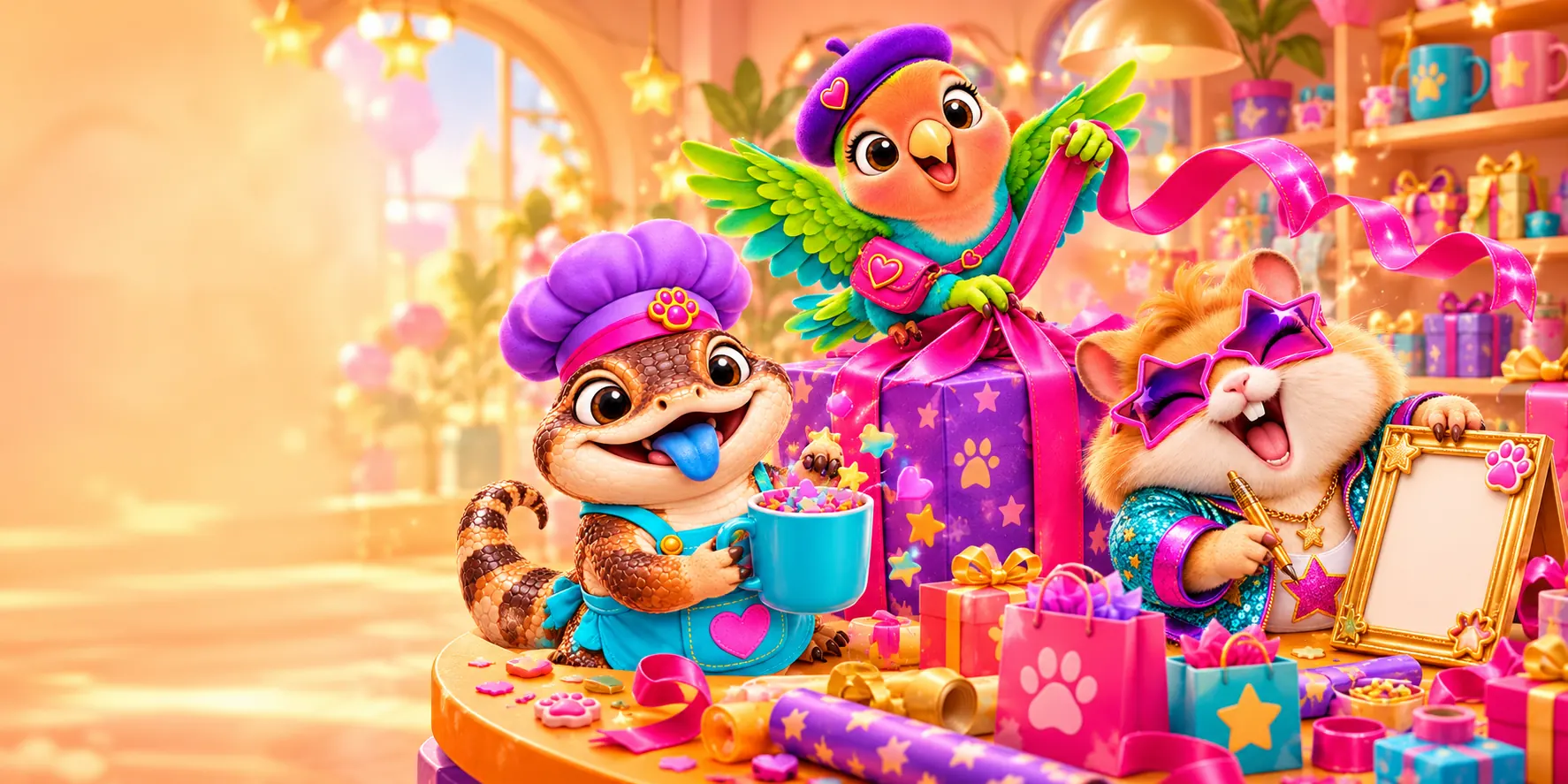 A lovebird tying a bow on a stack of presents, a skink chef holding a mug and a hamster in star-shaped sunglasses with a picture frame, in a sunny gift shop.