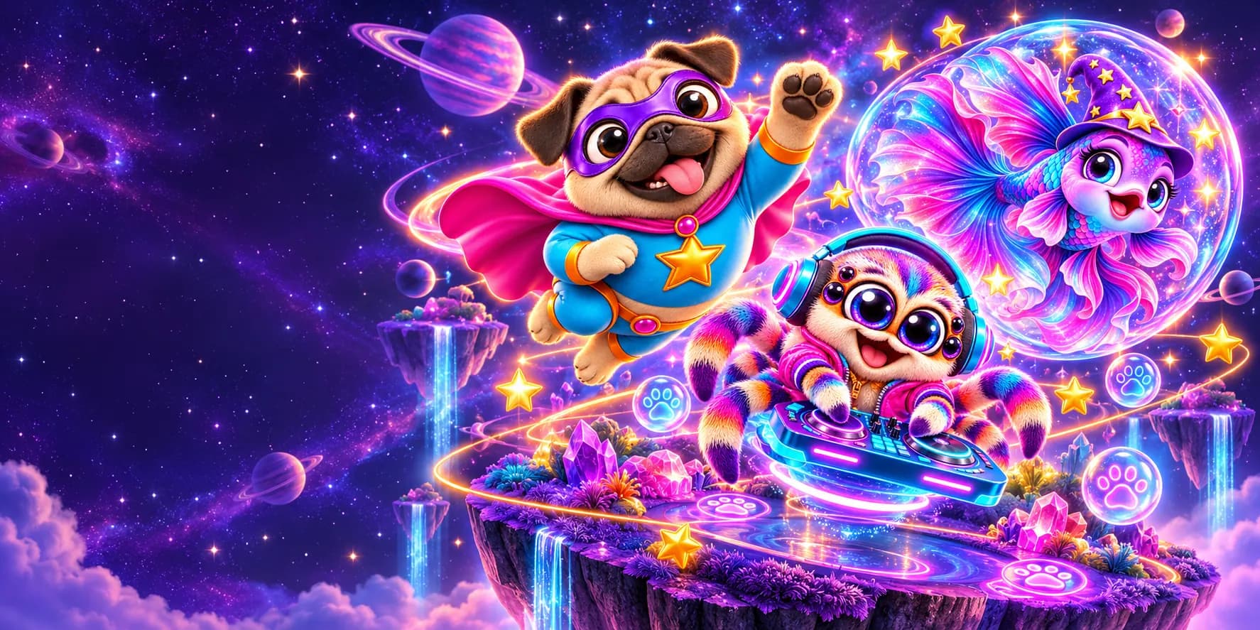 A superhero pug, a jumping spider DJ and a betta fish wizard partying on a floating island in space.