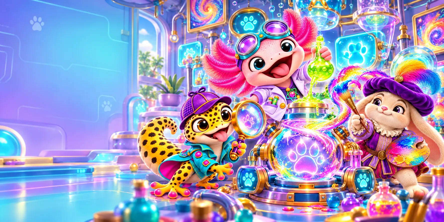 An axolotl scientist, a leopard gecko detective and a rabbit painter mixing glowing paint round a paw-print potion in a bright studio.