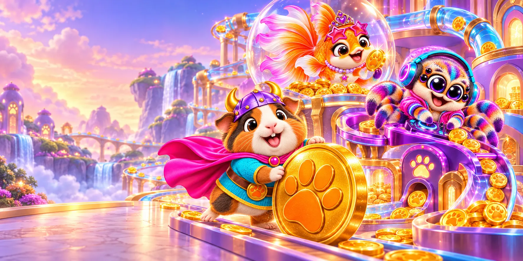 A guinea pig in a cape and a goldfish guarding their creative pocket money.